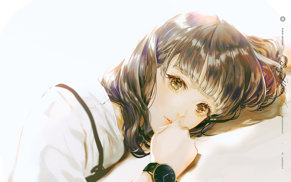 Anime picture 1222x764 with original klasse14 say hana single long hair looking at viewer fringe black hair brown eyes signed lying on stomach girl clock wristwatch
