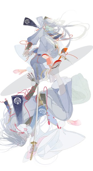 Anime picture 800x1467 with touken ranbu nitroplus ima-no-tsurugi ao 0-0 single long hair tall image fringe simple background red eyes white background full body white hair nail polish traditional clothes japanese clothes fingernails hair over one eye wide sleeves different reflection