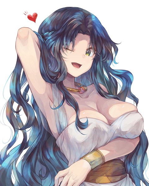 Anime picture 1200x1500 with puyopuyo rulue (puyopuyo) yue (lov n n) single long hair tall image looking at viewer fringe breasts open mouth light erotic simple background smile large breasts white background bare shoulders green eyes blue hair upper body one eye closed