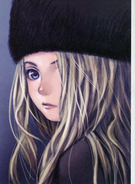Anime picture 5092x6966 with futurelog (artbook) range murata single long hair tall image looking at viewer fringe highres blue eyes blonde hair absurdres lips scan hair over one eye portrait face girl hat