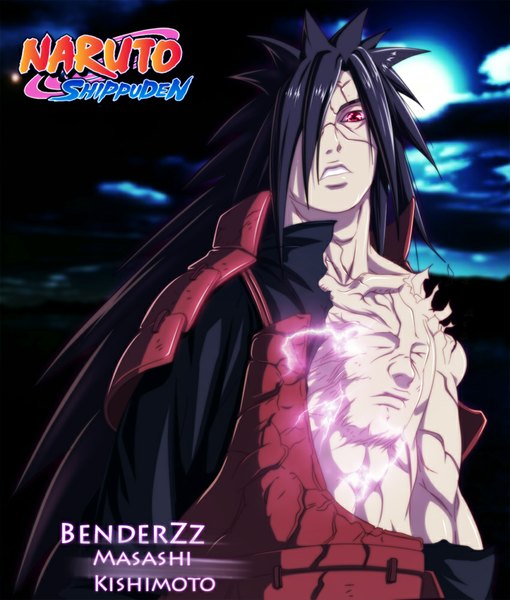 Anime picture 850x1000 with naruto studio pierrot naruto (series) uchiha madara benderzz single long hair tall image fringe black hair red eyes cloud (clouds) hair over one eye inscription night night sky coloring torn clothes magic light