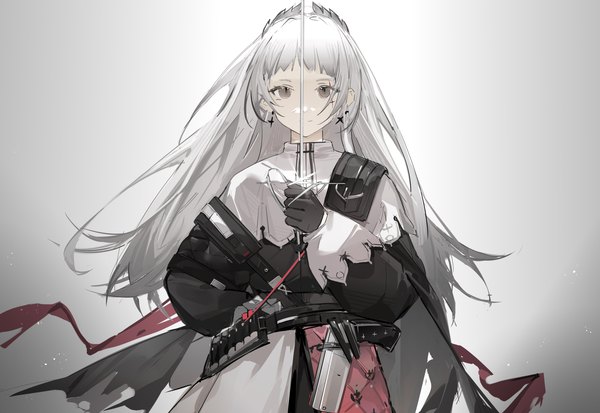 Anime picture 3508x2412 with arknights irene (arknights) yeyuanqianqianqian single long hair looking at viewer fringe highres simple background smile absurdres silver hair upper body grey background grey eyes girl gloves weapon earrings black gloves