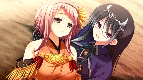Anime picture 1280x720 with sengoku hime 4 long hair short hair black hair wide image purple eyes multiple girls yellow eyes pink hair game cg traditional clothes girl hair ornament 2 girls detached sleeves glasses hairband