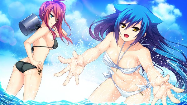 Anime picture 1280x720 with tsuyokiss next long hair breasts open mouth blue eyes light erotic smile wide image multiple girls yellow eyes blue hair game cg red hair girl 2 girls swimsuit bikini sea black bikini