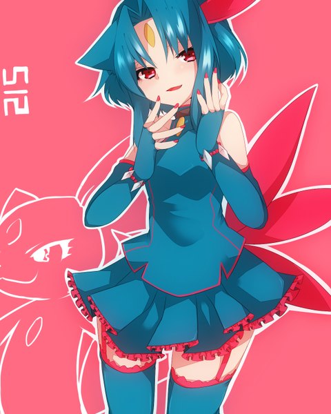 Anime picture 1200x1500 with pokemon nintendo sneasel takeshima eku single tall image short hair red eyes blue hair pink background gen 2 pokemon pokemon number girl thighhighs dress detached sleeves