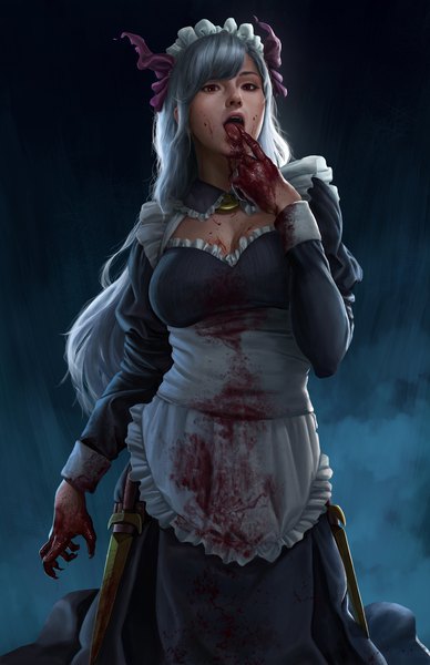 Anime picture 2000x3091 with original triximity single long hair tall image looking at viewer highres breasts open mouth red eyes silver hair long sleeves fingernails realistic maid cleavage cutout blood on face bloody clothes sharp fingernails girl