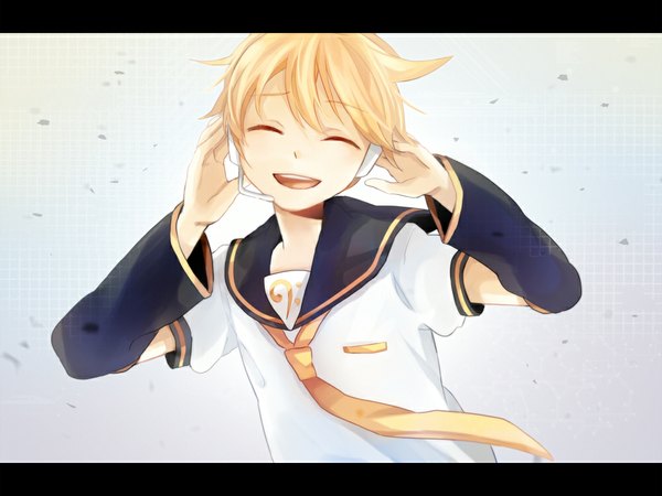Anime picture 1000x750 with vocaloid kagamine len tama (songe) single short hair open mouth simple background blonde hair eyes closed wind letterboxed boy detached sleeves necktie headphones