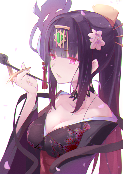 Anime picture 1003x1416 with epic seven nahkwol (epic seven) aesfixcia single long hair tall image fringe breasts light erotic black hair simple background large breasts white background payot looking away cleavage upper body ponytail blunt bangs traditional clothes