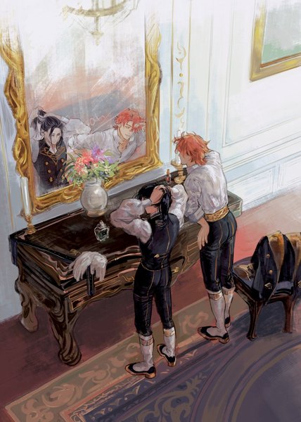 Anime picture 956x1339 with fire emblem fire emblem: three houses nintendo sylvain jose gautier felix hugo fraldarius 1no404n tall image short hair black hair standing full body ponytail red hair from above multiple boys adjusting hair reflection tying hair boy flower (flowers)