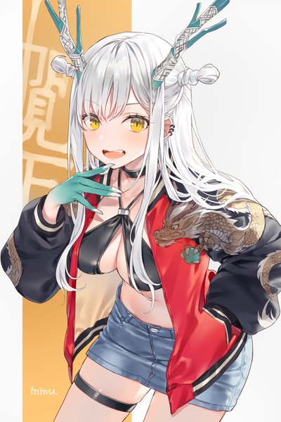 Anime picture 1201x1800 with original mmu single long hair tall image looking at viewer breasts open mouth light erotic large breasts signed yellow eyes white hair :d horn (horns) open jacket hair bun (hair buns) leaning leaning forward piercing