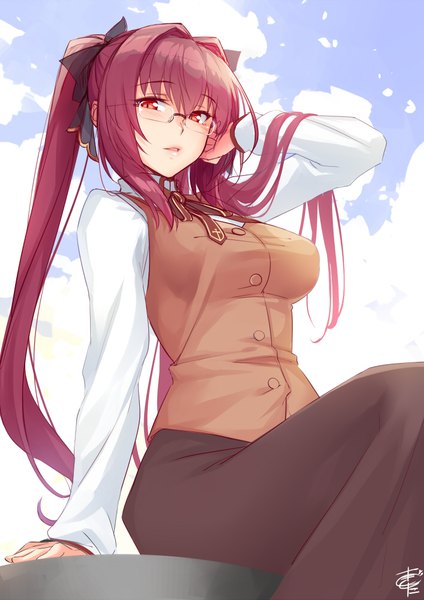 Anime picture 706x1000 with fate (series) fate/grand order toosaka rin scathach (fate) (all) scathach (fate) okitakung single long hair tall image looking at viewer blush fringe open mouth simple background hair between eyes red eyes sitting twintails signed payot