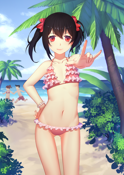 Anime picture 1240x1754 with love live! school idol project sunrise (studio) love live! yazawa nico daye bie qia lian single long hair tall image looking at viewer light erotic black hair red eyes twintails ass visible through thighs mmm girl navel bow swimsuit plant (plants)