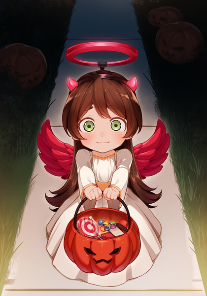 Anime picture 1820x2600 with original manamachii single long hair tall image blush fringe highres smile brown hair holding green eyes outdoors long sleeves horn (horns) from above loli halloween angel wings :3