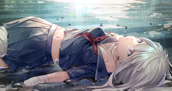 Anime picture 4044x2154 with original almic single long hair fringe highres hair between eyes wide image purple eyes signed absurdres cleavage silver hair outdoors lying pleated skirt midriff on back partially submerged looking up