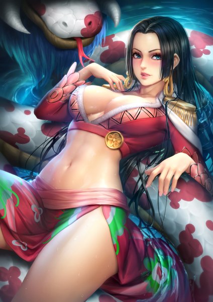 Anime picture 2480x3508 with one piece toei animation boa hancock salome (one piece) nudtawut thongmai single long hair tall image looking at viewer blush highres breasts blue eyes light erotic black hair large breasts cleavage lying nail polish parted lips