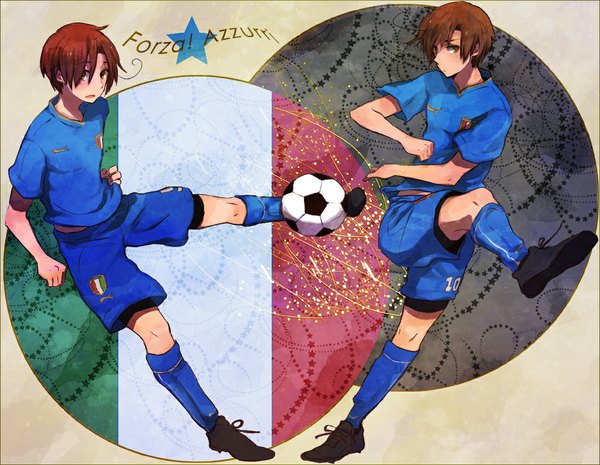 Anime picture 1096x850 with axis powers hetalia studio deen north italy (hetalia) south italy (hetalia) rusuko short hair brown hair brown eyes ahoge hand on hip football boy uniform gym uniform ball flag soccer ball italian flag