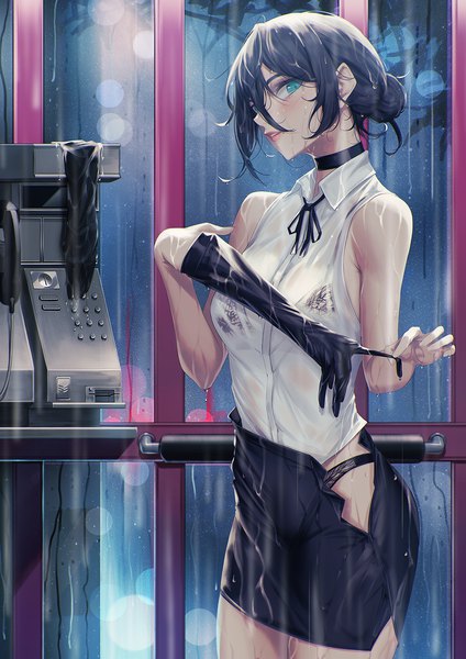 Anime picture 1000x1415 with chainsaw man mappa reze (chainsaw man) blueorca single tall image looking at viewer blush fringe short hair blue eyes light erotic black hair hair between eyes standing payot parted lips head tilt night wet