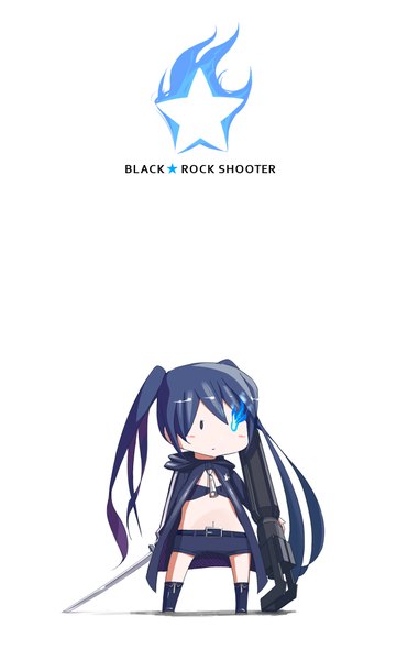 Anime picture 1200x2000 with black rock shooter black rock shooter (character) pmpmpm single long hair tall image blush fringe simple background standing white background twintails holding blue hair looking away inscription shadow glowing glowing eye (eyes) chibi