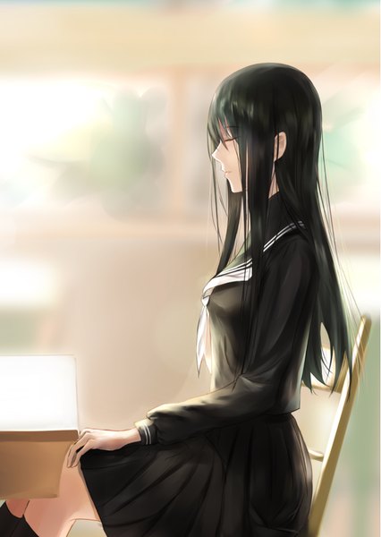 Anime picture 1240x1748 with original inneanis single long hair tall image black hair sitting eyes closed profile girl skirt uniform serafuku