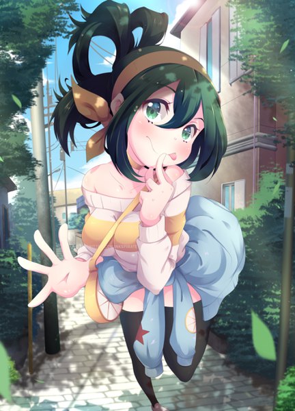 Anime picture 1800x2500 with boku no hero academia studio bones asui tsuyu inkspirate single long hair tall image looking at viewer blush fringe highres breasts hair between eyes standing bare shoulders green eyes payot sky cloud (clouds) outdoors