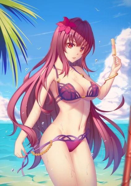 Anime picture 2480x3507 with fate (series) fate/grand order scathach (fate) (all) scathach (swimsuit assassin) (fate) aira5 single long hair tall image looking at viewer fringe highres breasts light erotic hair between eyes red eyes large breasts standing holding payot sky