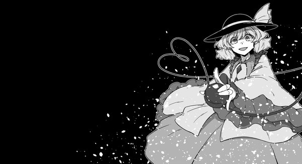 Anime picture 1980x1080 with touhou komeiji koishi sunatoshi single looking at viewer fringe highres short hair open mouth simple background smile hair between eyes wide image wide sleeves sparkle wallpaper black background monochrome outline crazy eyes