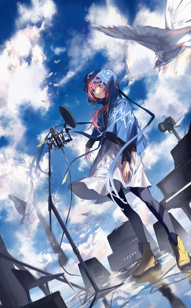 Anime picture 3339x5388 with virtual youtuber kamitsubaki studio virtual kaf kaf (kamitsubaki studio) zeklewaaa single long hair tall image highres standing purple eyes pink hair absurdres sky cloud (clouds) full body outdoors wind reflection girl