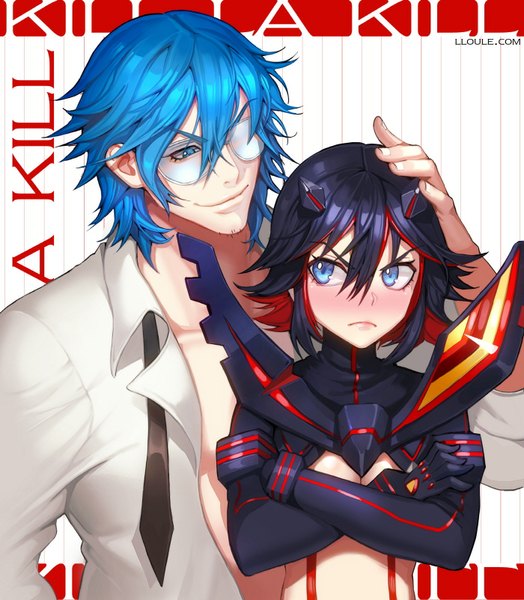 Anime picture 700x802 with kill la kill studio trigger matoi ryuuko senketsu mikisugi aikurou lloule tall image blush short hair blue eyes black hair smile signed blue hair looking away multicolored hair open clothes two-tone hair open shirt streaked hair