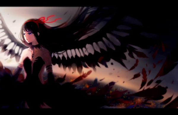 Anime picture 3000x1949 with mahou shoujo madoka magica shaft (studio) akemi homura akuma homura dabris single long hair fringe highres black hair purple eyes looking away from above horizon black wings demon wings demon girl dress gloves