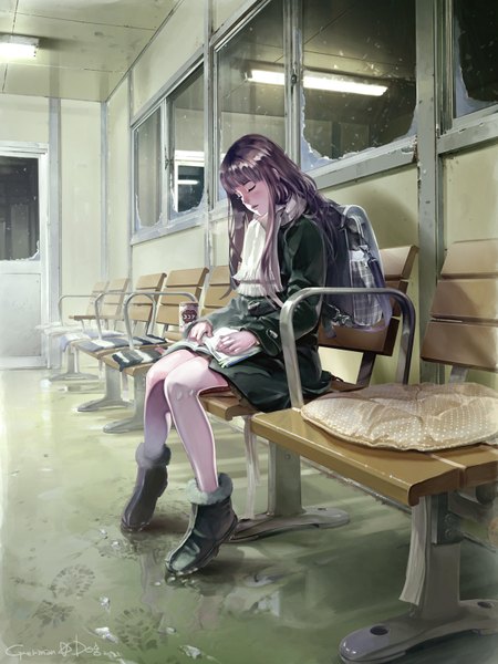 Anime picture 1200x1600 with original aalge single long hair tall image blush brown hair sitting eyes closed reflection winter sleeping girl dress window scarf book (books) drink backpack bench