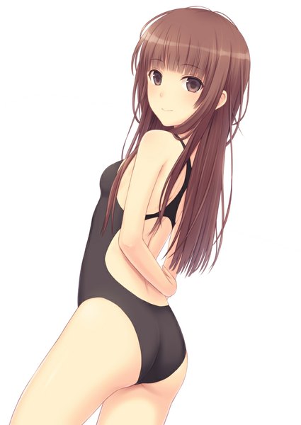 Anime picture 724x1023 with amagami kamizaki risa n.g. single long hair tall image looking at viewer blush light erotic simple background brown hair white background bare shoulders brown eyes ass turning head arm behind back girl swimsuit one-piece swimsuit