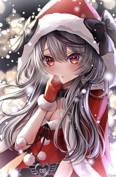 Anime picture 1800x2732 with virtual youtuber hololive sakamata chloe rkc single long hair tall image blush fringe highres hair between eyes red eyes cleavage upper body multicolored hair grey hair :o streaked hair snowing christmas