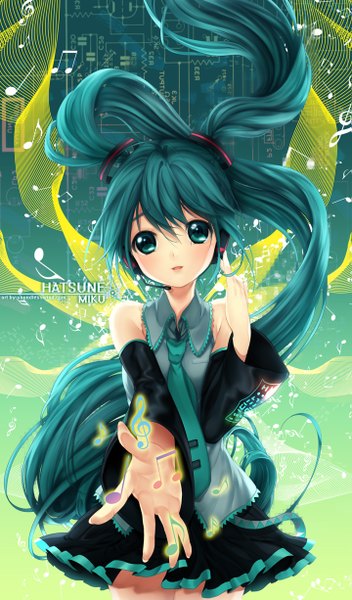 Anime picture 719x1225 with vocaloid hatsune miku kaze-hime single tall image green eyes very long hair green hair inscription treble clef girl dress detached sleeves necktie headphones musical note