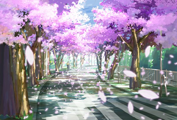 Anime picture 1000x680 with original saitama_bg sunlight cherry blossoms back street boy plant (plants) hat petals tree (trees) ground vehicle straw hat fence road bicycle