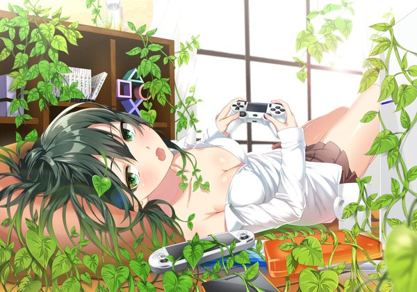Anime picture 1500x1050 with original heirou single long hair looking at viewer blush breasts open mouth light erotic black hair green eyes cleavage girl skirt plant (plants) shirt psp playstation vita