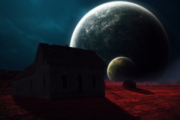 Anime picture 3000x1993 with original abikk highres sky no people landscape fantasy star (stars) planet house