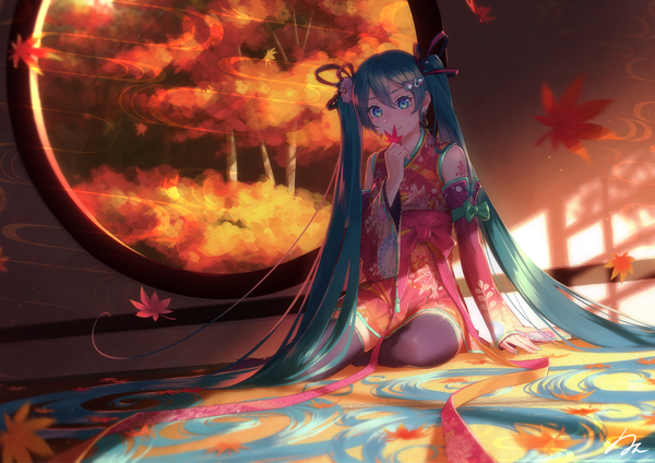 Anime picture 2456x1736 with vocaloid hatsune miku nule3309 single fringe highres smile hair between eyes sitting twintails holding signed bent knee (knees) indoors very long hair nail polish traditional clothes japanese clothes arm up aqua eyes