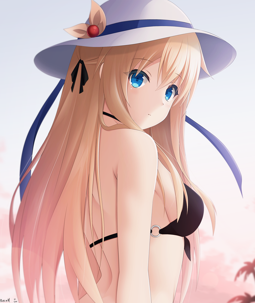 Anime picture 1432x1700 with original keenh single long hair tall image looking at viewer blush fringe blue eyes light erotic blonde hair hair between eyes standing signed sky cloud (clouds) upper body outdoors looking back lens flare