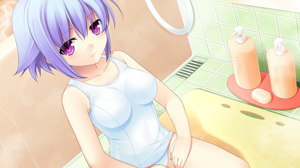Anime picture 1280x720 with chuning lover eru alfred koso single short hair light erotic wide image purple eyes blue hair game cg girl white school swimsuit