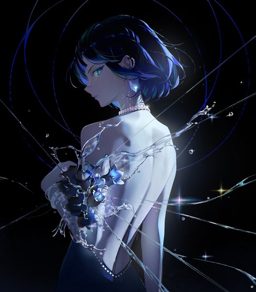 Anime picture 1897x2160 with genshin impact yelan (genshin impact) j17 single tall image looking at viewer highres short hair blue eyes black hair simple background upper body profile multicolored hair from behind sparkle piercing back black background ear piercing
