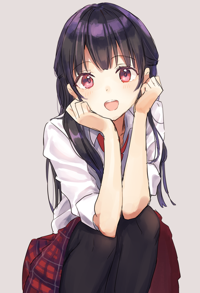 Anime picture 683x1000 with original rimo single long hair tall image looking at viewer blush fringe open mouth black hair simple background smile sitting :d pink eyes grey background teeth plaid skirt squat hair over shoulder