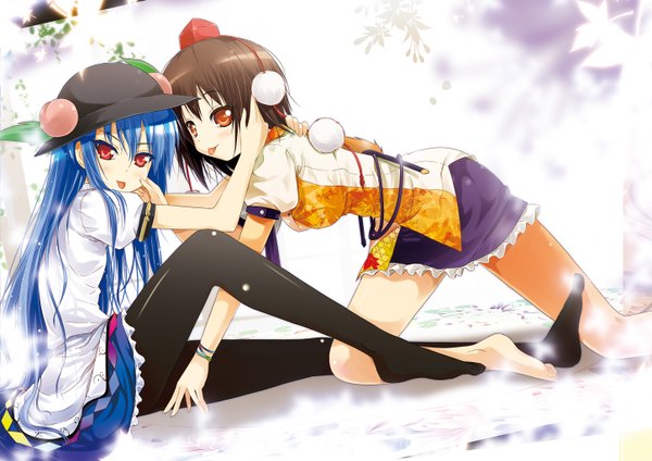 Anime picture 1448x1024 with touhou shameimaru aya hinanawi tenshi porurin long hair short hair black hair red eyes multiple girls blue hair girl dress 2 girls hat tongue tokin hat