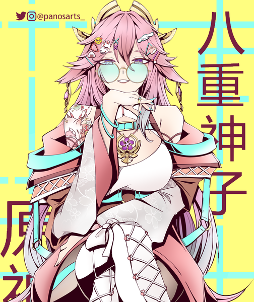 Anime picture 1260x1500 with genshin impact sanrio yae miko cinnamoroll panos (ssgpanos) single long hair tall image looking at viewer fringe smile hair between eyes sitting purple eyes signed pink hair cleavage nail polish alternate costume character names