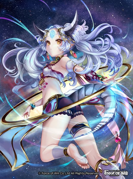 Anime picture 774x1038 with force of will pisuke single long hair tall image looking at viewer light erotic twintails yellow eyes payot tail looking back horn (horns) pointy ears copyright name floating hair space forehead mark girl flower (flowers)