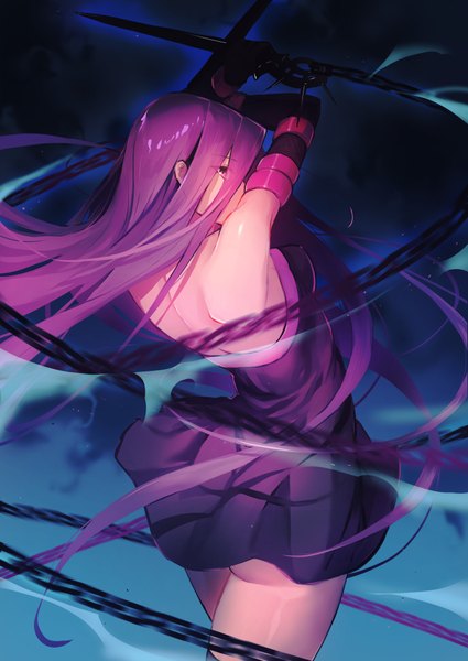 Anime picture 688x971 with fate (series) fate/stay night rider doushimasho single long hair tall image looking at viewer light erotic purple eyes bare shoulders holding purple hair ass wind from behind bare legs girl dress gloves