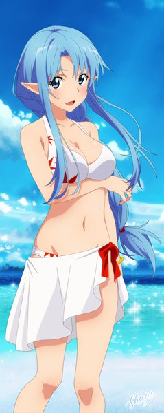 Anime picture 1195x3000 with sword art online a-1 pictures yuuki asuna asuna (sao-alo) shugo19 single long hair tall image looking at viewer breasts open mouth blue eyes light erotic standing bare shoulders signed payot blue hair sky cloud (clouds)