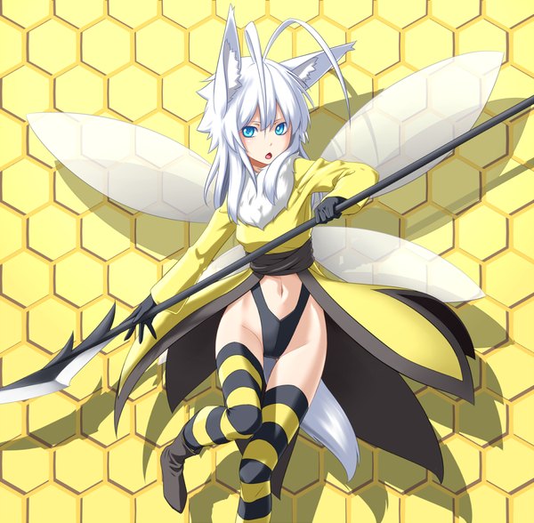 Anime picture 1200x1176 with original kentairui long hair open mouth blue eyes light erotic animal ears ahoge white hair tail insect girl girl thighhighs gloves navel weapon wings striped thighhighs