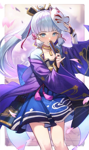 Anime picture 886x1500 with genshin impact kamisato ayaka ohihil single long hair tall image looking at viewer fringe standing holding payot blue hair ponytail blunt bangs traditional clothes japanese clothes aqua eyes light smile wind off shoulder