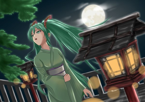 Anime picture 1400x990 with vocaloid hatsune miku k2-atelier single long hair open mouth twintails green eyes japanese clothes green hair night girl belt kimono moon lantern