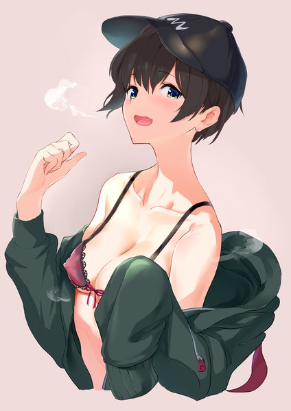 Anime picture 2893x4092 with original maeshimashi single tall image looking at viewer blush fringe highres short hair open mouth blue eyes light erotic black hair simple background hair between eyes upper body open clothes undressing pink background exhalation